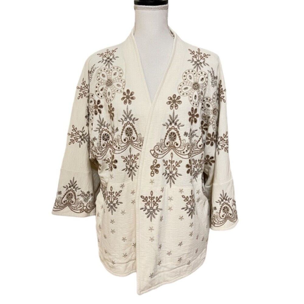 Johnny Was NEW Embroidered Open Cardigan Jacket Cream Sz S Eyelet 3/4 slv